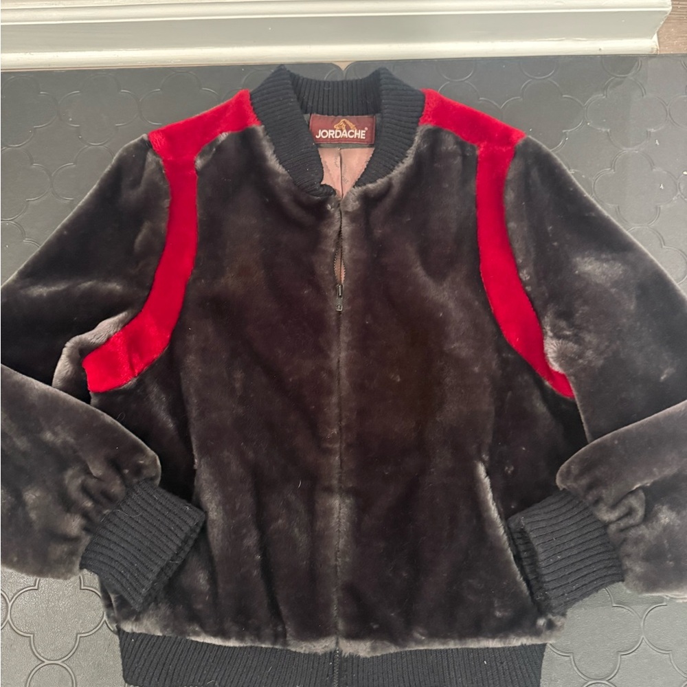 Jordache Black Faux Fur Bomber Jacket with Red Shoulder Panels